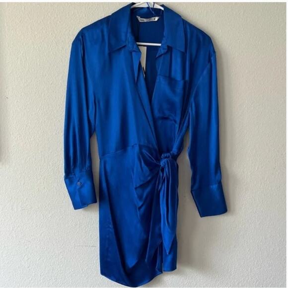 Zara Satin Effect Long Sleeve Mini Wrap Dress Blue Small - Picture 2 of 2